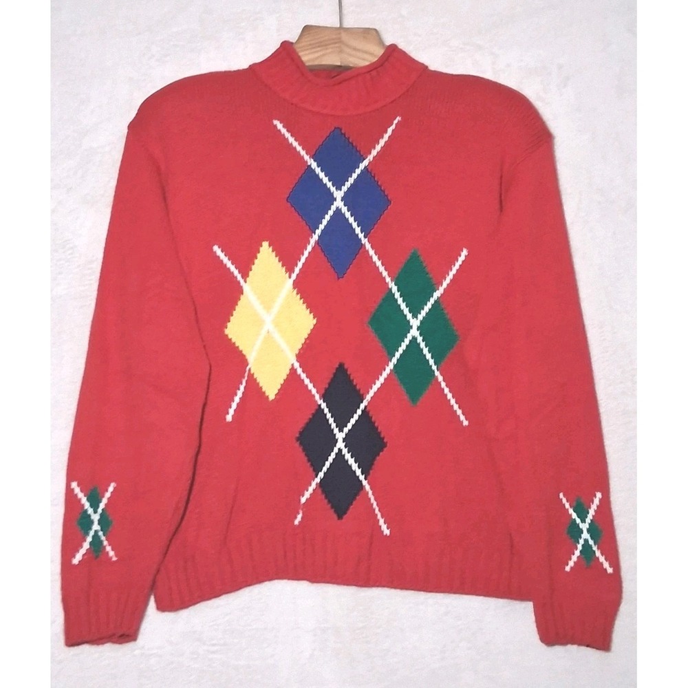 Vintage Lizsport Red Argyle Cotton Knit Sweater Size Large Preppy Academia Y210